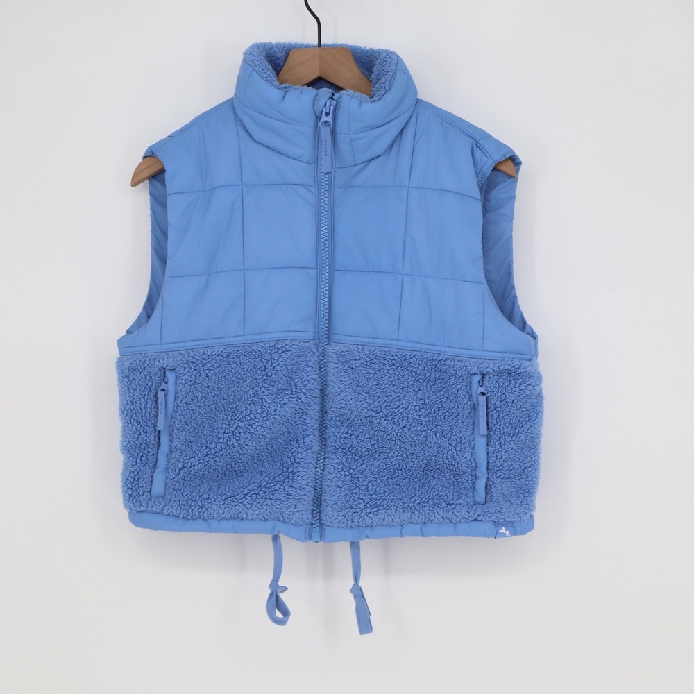 JoyLab Vest Womens XS Mixed Media Faux Fur Puffer Light Blue Cropped Excellent
